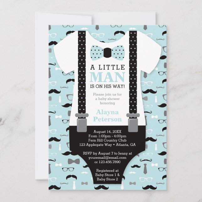 Little Man Baby Shower-inbjudan, Blue, Black Inbjudningar (Framsida)
