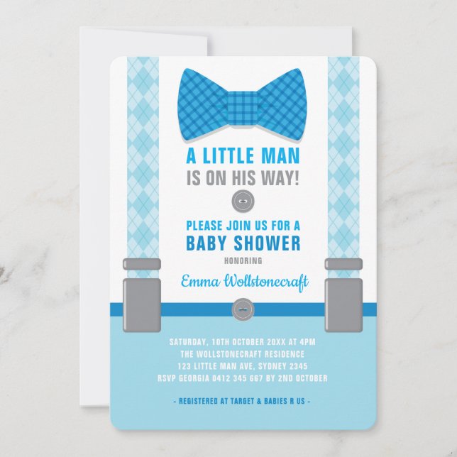 Little Man Baby Shower-inbjudan Blue Bowtie Inbjudningar (Framsida)