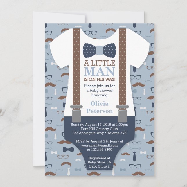 Little Man Baby Shower-inbjudan, Blue, Brown Inbjudningar (Framsida)