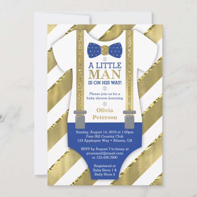 Little Man Baby Shower-inbjudan, Blue, Faux Guld Inbjudningar (Framsida)