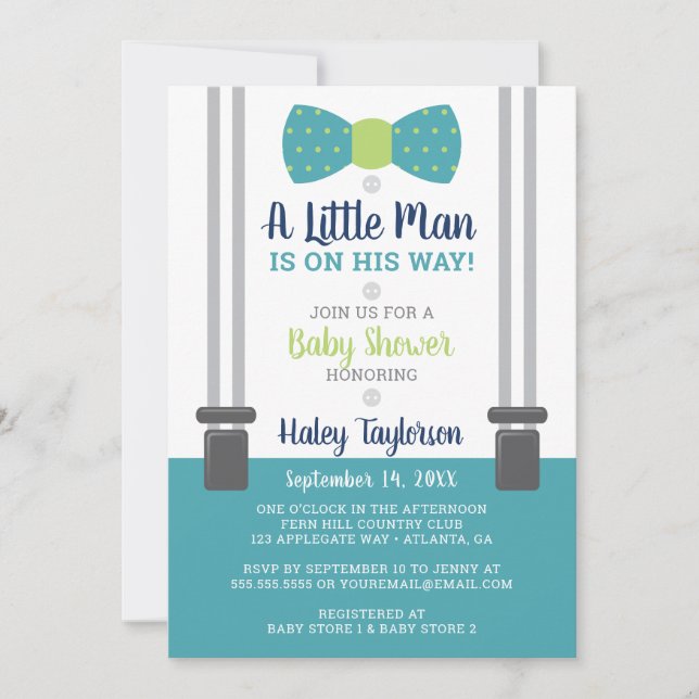Little Man Baby Shower-inbjudan, Blue, Grönt Inbjudningar (Framsida)