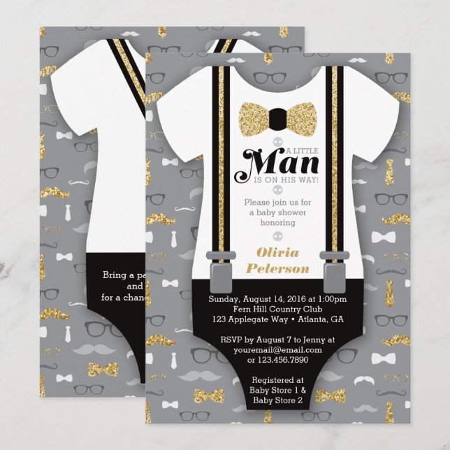 Little Man Baby Shower-inbjudan, Faux Glitter Inbjudningar (Fram/baksida)