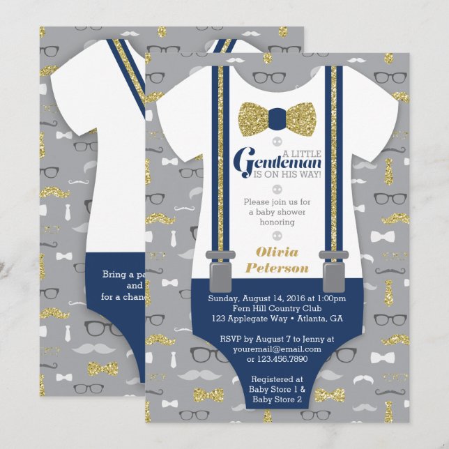 Little Man Baby Shower-inbjudan, Faux Glitter Inbjudningar (Fram/baksida)