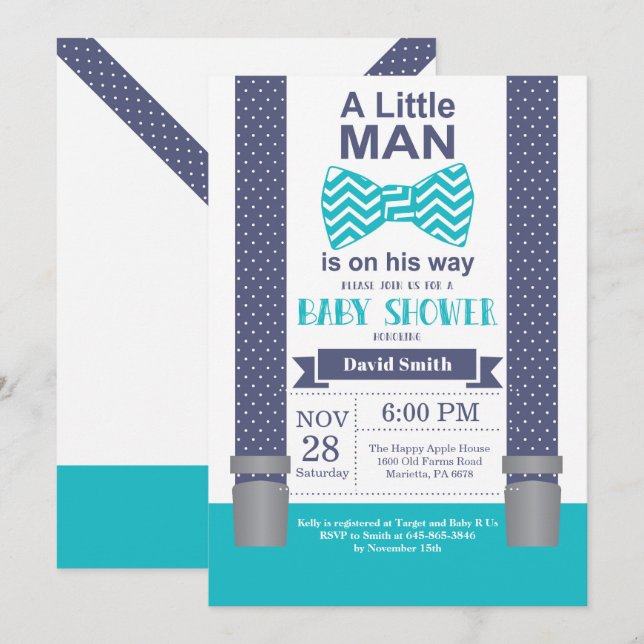 Little Man Baby Shower-inbjudan från flottan Teal  Inbjudningar (Fram/baksida)