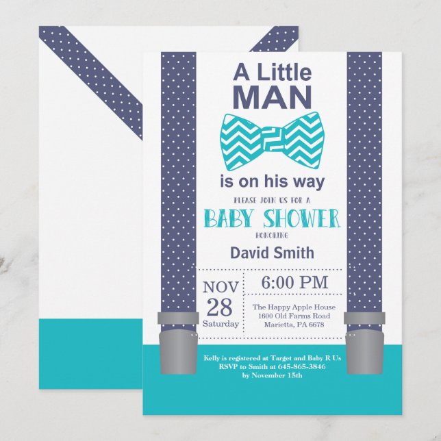 Little Man Baby Shower-inbjudan från flottan Teal  Inbjudningar (Fram/baksida)