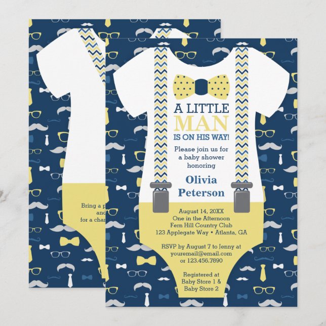 Little Man Baby Shower-inbjudan, Gult, Blue Inbjudningar (Fram/baksida)