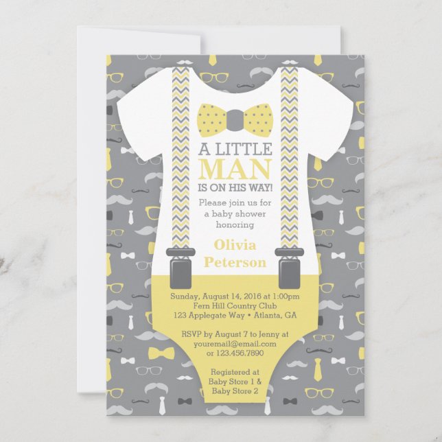 Little Man Baby Shower-inbjudan, Gult, Grått Inbjudningar (Framsida)