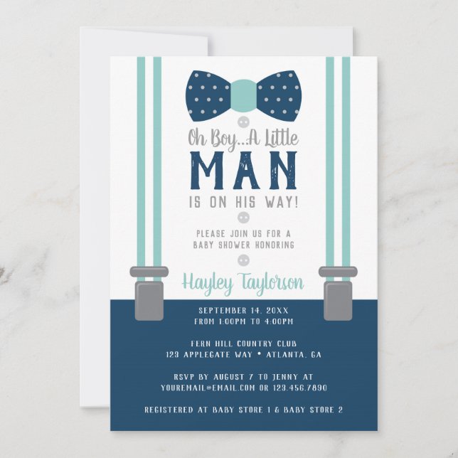 Little Man Baby Shower-inbjudan, marinblått, Aqua Inbjudningar (Framsida)