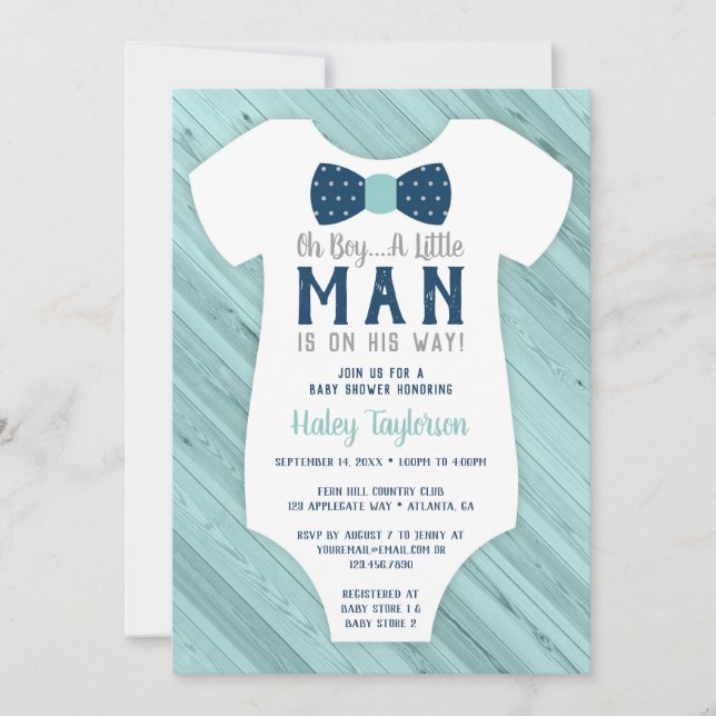 Little Man Baby Shower-inbjudan, marinblått, Aqua Inbjudningar (Framsida)