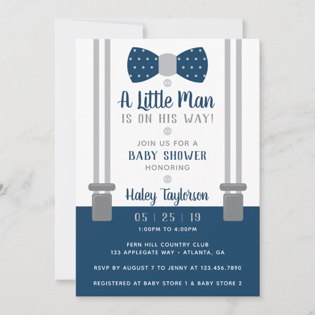 Little Man Baby Shower-inbjudan, marinblått, Grått Inbjudningar (Framsida)