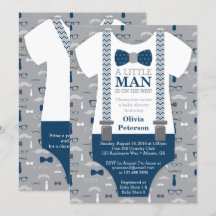 Little Man Baby Shower-inbjudan, marinblått, Grått