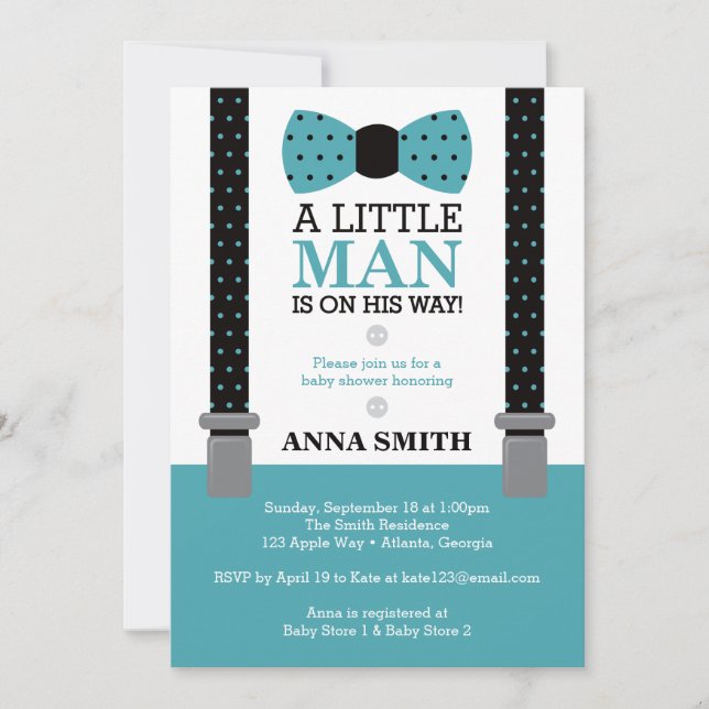 Little Man Baby Shower-inbjudan, Teal and Black Inbjudningar (Framsida)