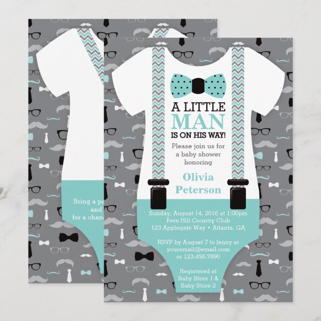 Little Man Baby Shower-inbjudan, Teal, Black Inbjudningar (Fram/baksida)
