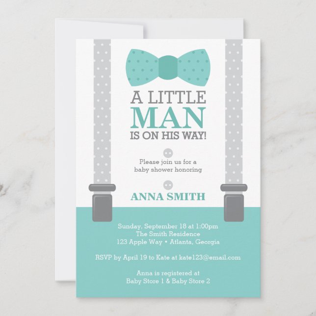Little Man Baby Shower-inbjudan, Teal Blue, Grått Inbjudningar (Framsida)