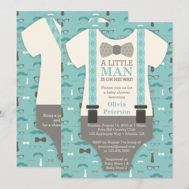 Little Man Baby Shower-inbjudan, Teal, Tan Inbjudningar (Fram/baksida)