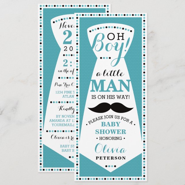 Little Man Baby Shower-inbjudan, Tie, Teal Black Inbjudningar (Fram/baksida)