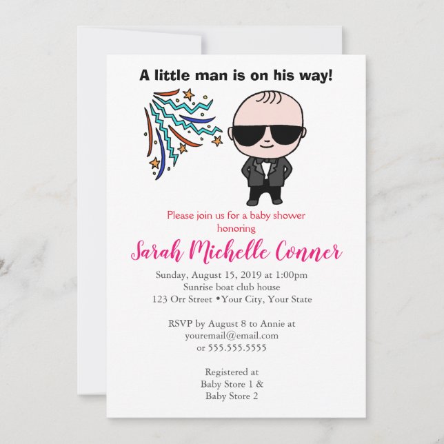 Little Man Baby Shower-inbjudan, underbart Cute Bo Inbjudningar (Framsida)