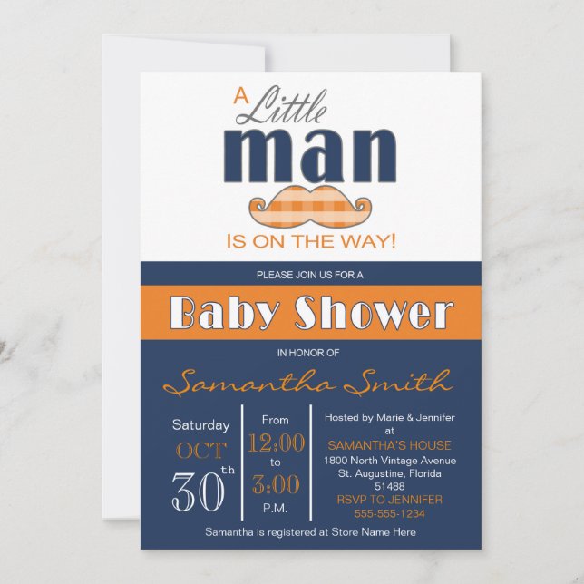 Little Man Baby Shower Navy Blue and Orange Inbjudningar (Framsida)
