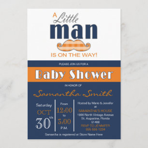 Little Man Baby Shower Navy Blue and Orange Inbjudningar