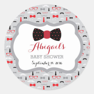 Little Man Baby Shower Sticker, Black, Red, Grått Runt Klistermärke