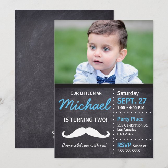 Little Man Birthday Photo Mustache Inbjudningar (Fram/baksida)