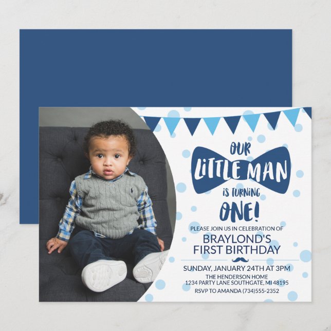 Little Man Blue Bow Tie Photo Inbjudan (Fram/baksida)