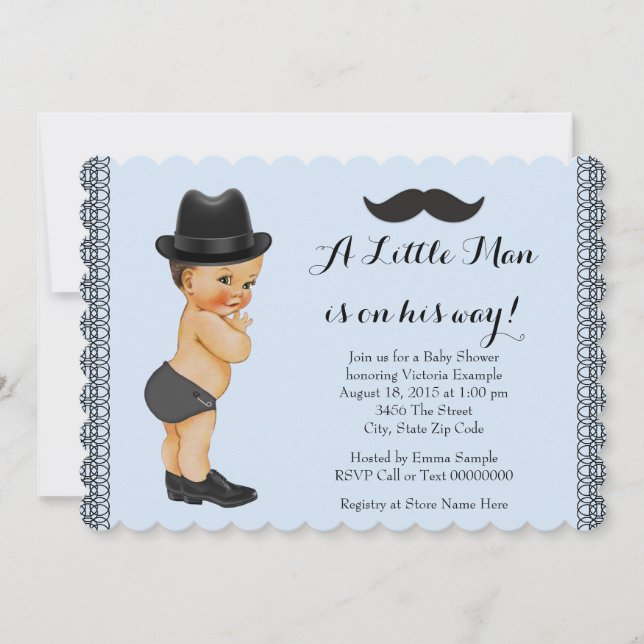 Little Man Blue och Black Mustache Baby Shower Inbjudningar (Framsida)