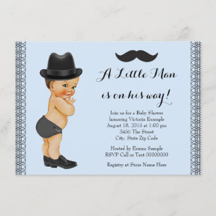 Little Man Blue och Black Mustache Baby Shower Inbjudningar