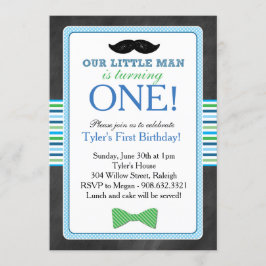 Little Man Bow Tie och Mustache Birthday (Blue) Inbjudningar
