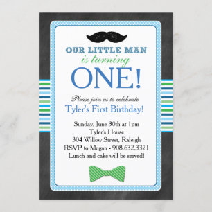 Little Man Bow Tie och Mustache Birthday (Blue) Inbjudningar
