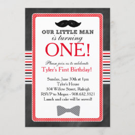 Little Man Bow Tie och Mustache Birthday (Red) Inbjudningar