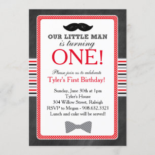 Little Man Bow Tie och Mustache Birthday (Red) Inbjudningar