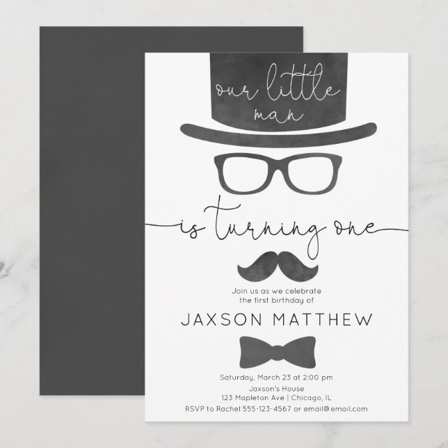 Little Man boy 1-årsdag party Inbjudningar (Fram/baksida)