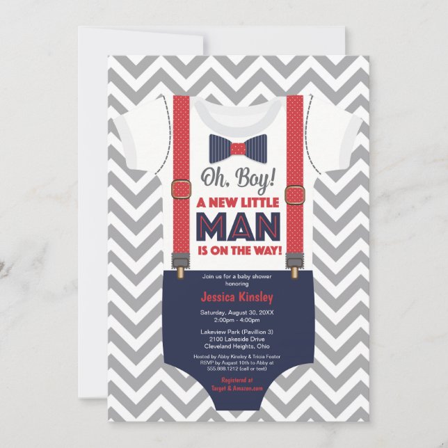 Little Man Boy Baby Shower, Navy Blue and Red Inbjudningar (Framsida)