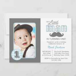 Little Man First Birthday Mustache Blue Grått Phot Inbjudningar