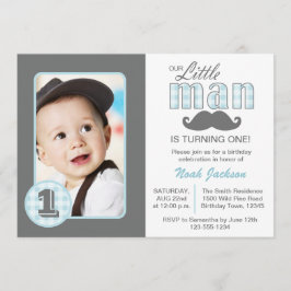 Little Man First Birthday Mustache Blue Grått Phot Inbjudningar