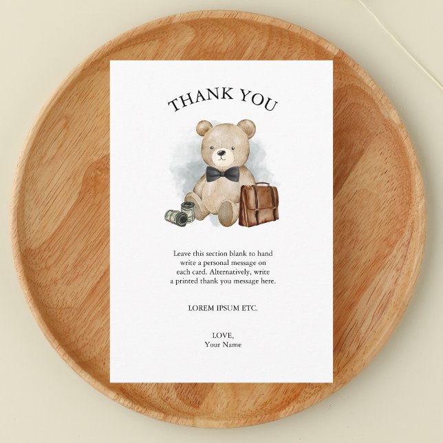 Little Man gentleman Baby Shower Nalle Tack Kort (Little Man is on The Way - Funny Boy Baby Shower Theme featuring Teddy Bear - Thank You Card)