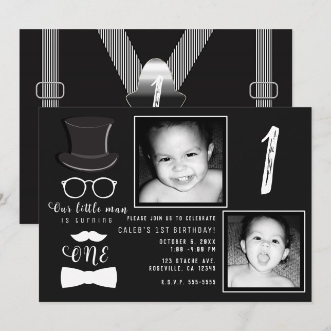 Little Man Hipster Suspenders 1st Birthday Photo Inbjudningar (Fram/baksida)
