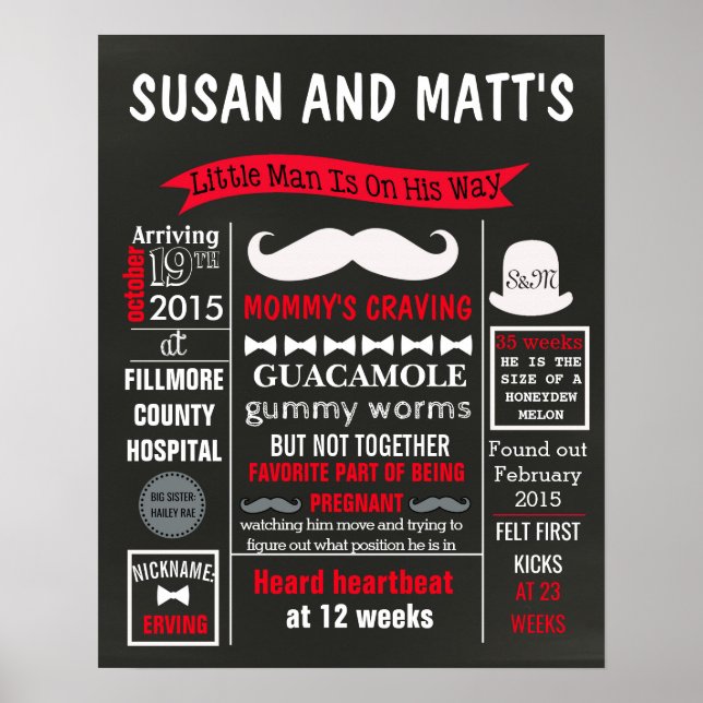 Little man Mustache Baby Shower Party chalkboard Poster (Framsidan)