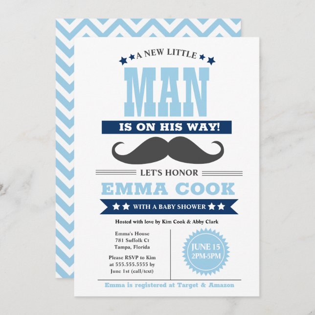 Little Man Mustache Bash Boy Baby Shower Inbjudningar (Fram/baksida)
