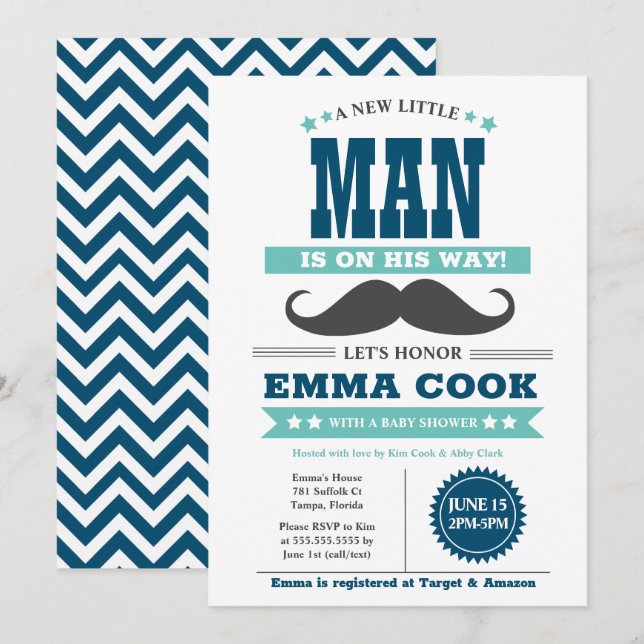 Little Man Mustache Bash Boy Baby Shower Inbjudningar (Fram/baksida)