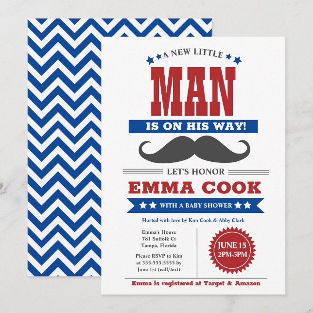 Little Man Mustache Bash Boy Baby Shower Red blue Inbjudningar (Fram/baksida)
