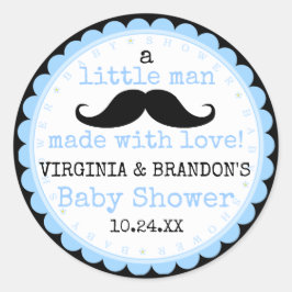 Little Man Mustache Blue Baby Shower Guest Favest Runt Klistermärke