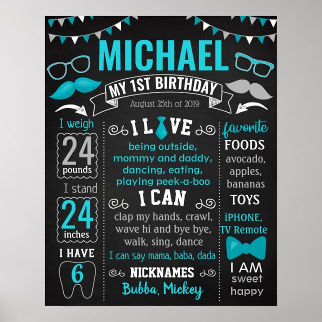 Little Man Mustache Mr Onederful Birthday-skylt Poster (Framsidan)
