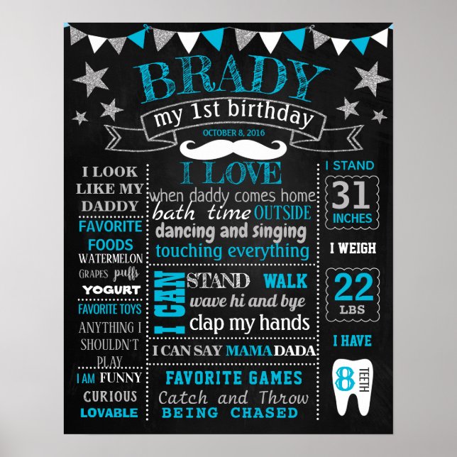 Little Man Mustche Onederful Birthday chalkboard Poster (Framsidan)