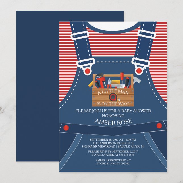 Little Man Overalls Verktyg Baby Shower-inbjudan Inbjudningar (Fram/baksida)