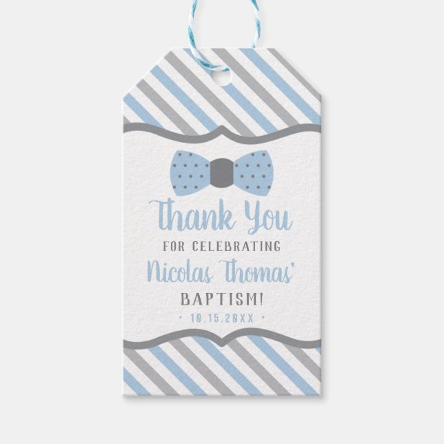 Little Man Tack Märkre, Baby blue, Grått, baptism Presentetikett (Framsidan)