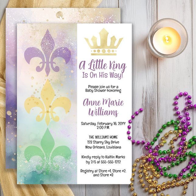 Little Mardi Gras King Baby Shower  Inbjudningar (Little Mardi Gras King Baby Shower Invitation with Crown & Fleur-de-Lis -- Print | Digital Download)
