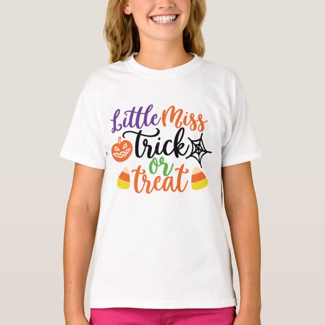 Little Miss Bus eller godis Roligt Halloween T Shirt (Framsida)