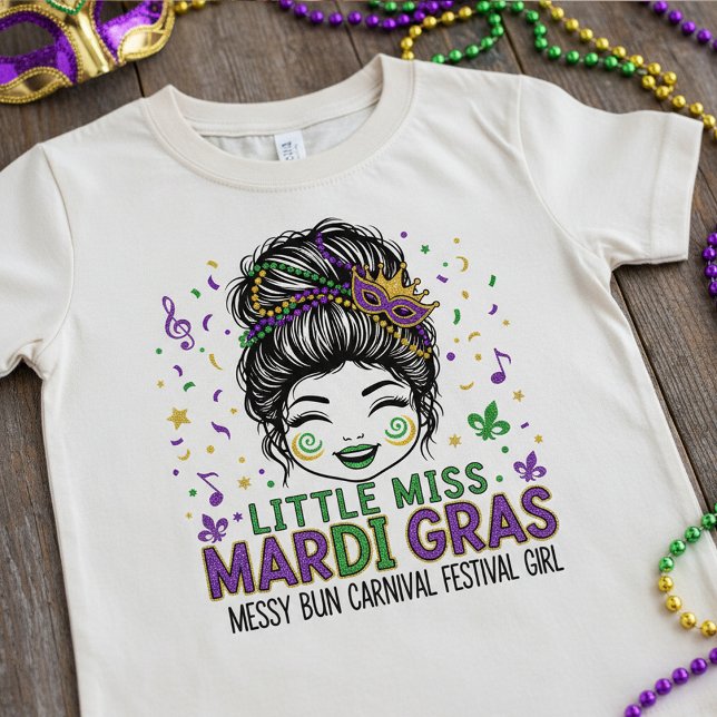 "Little Miss Mardi Gras" , Messy Bun Carnival  T Shirt (Skapare uppladdad)